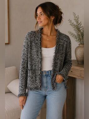 Angel Of The North Black and Gray Textured Open Cardigan Size XS Fringe Boho